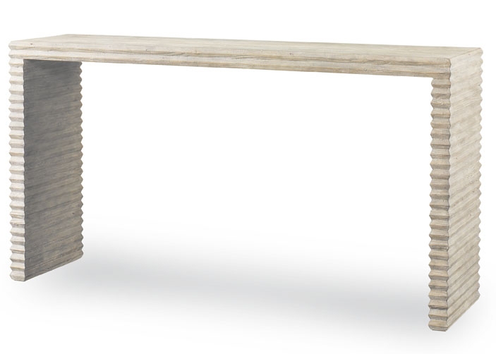 The Belmont Console in White Rustic Pine sits in a studio.
