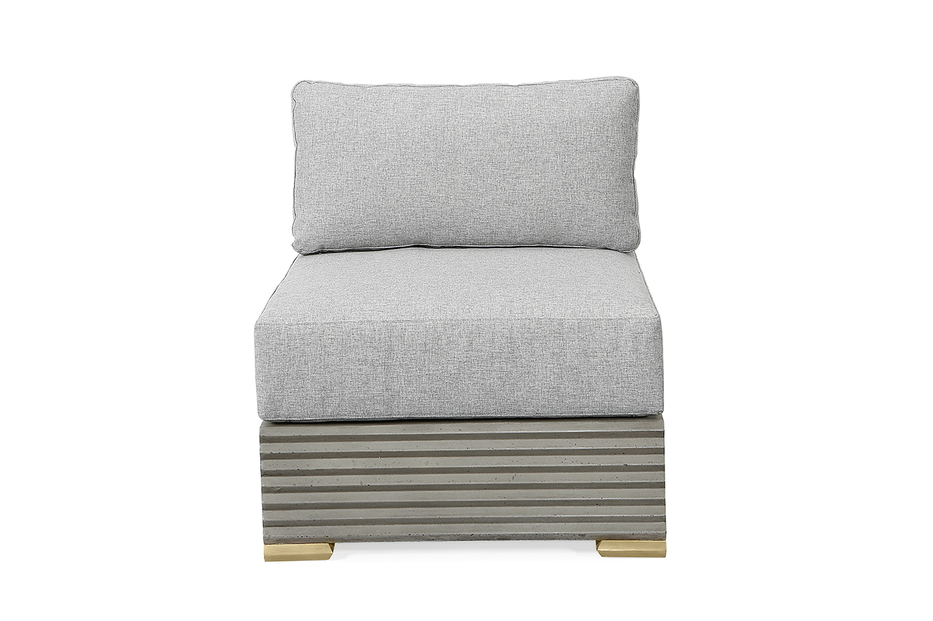 The Belmont Sectional Sofa, Middle in Standard Pebble Linen and Slate Concrete sits in a studio.