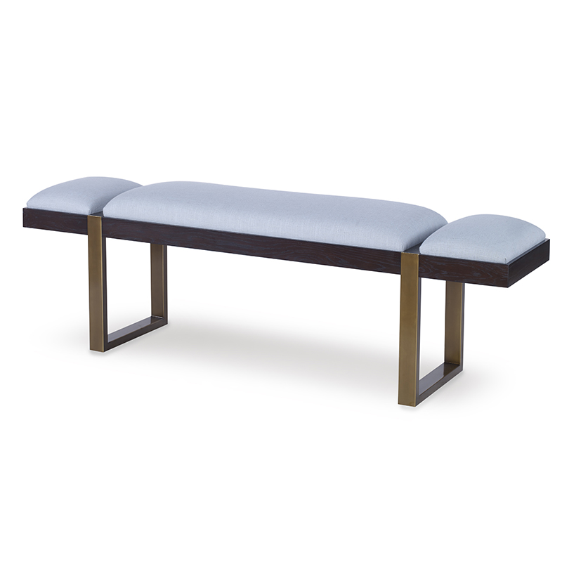 The Mercer Bench in Glacier Linen and Dark Oak sits in a studio.