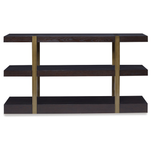 The Mercer Console in Warm Dark Oak with Finished Aged Brass sits in a studio.