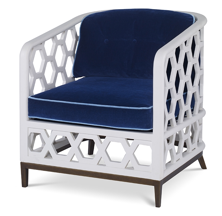 The Wilhelm Chair in Santorini White and Lapis Blue Velvet sits in a studio