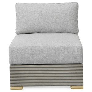 The Belmont Sectional Sofa, Middle in Standard Pebble Linen and Slate Concrete sits in a studio.